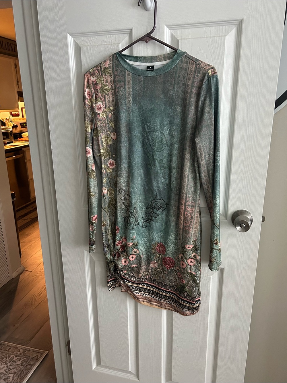 Floral Boho Long Sleeve dress - Green with Pink Accents